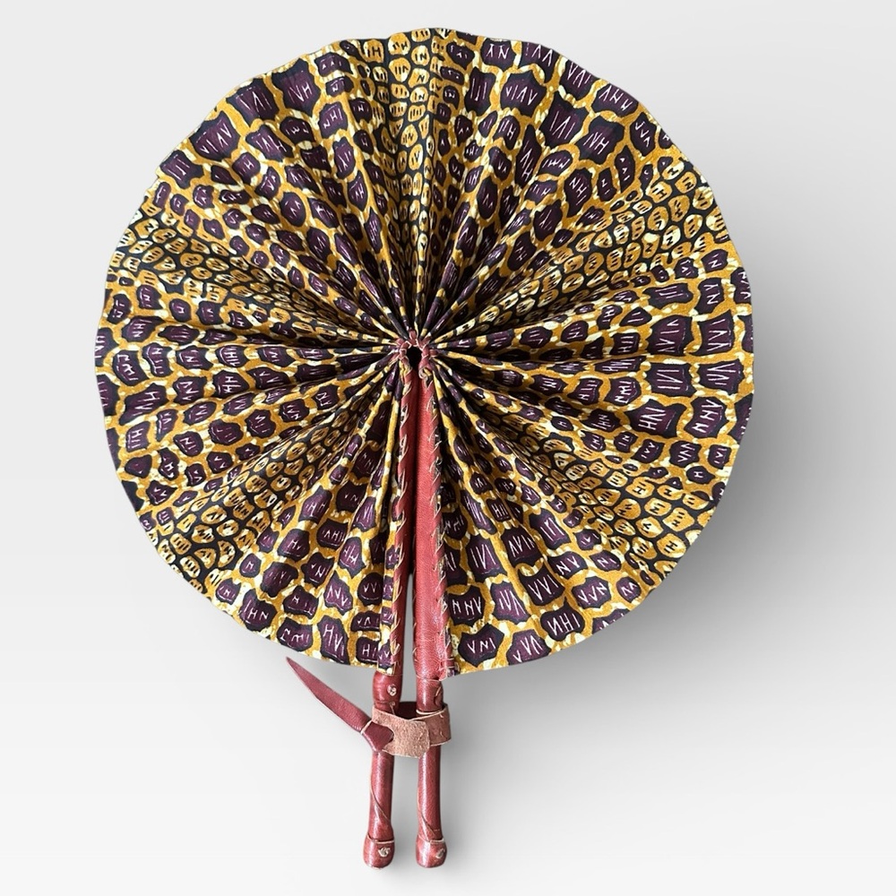 African Wax Fabric & Leather Folding Fan – Handmade in Ivory Coast